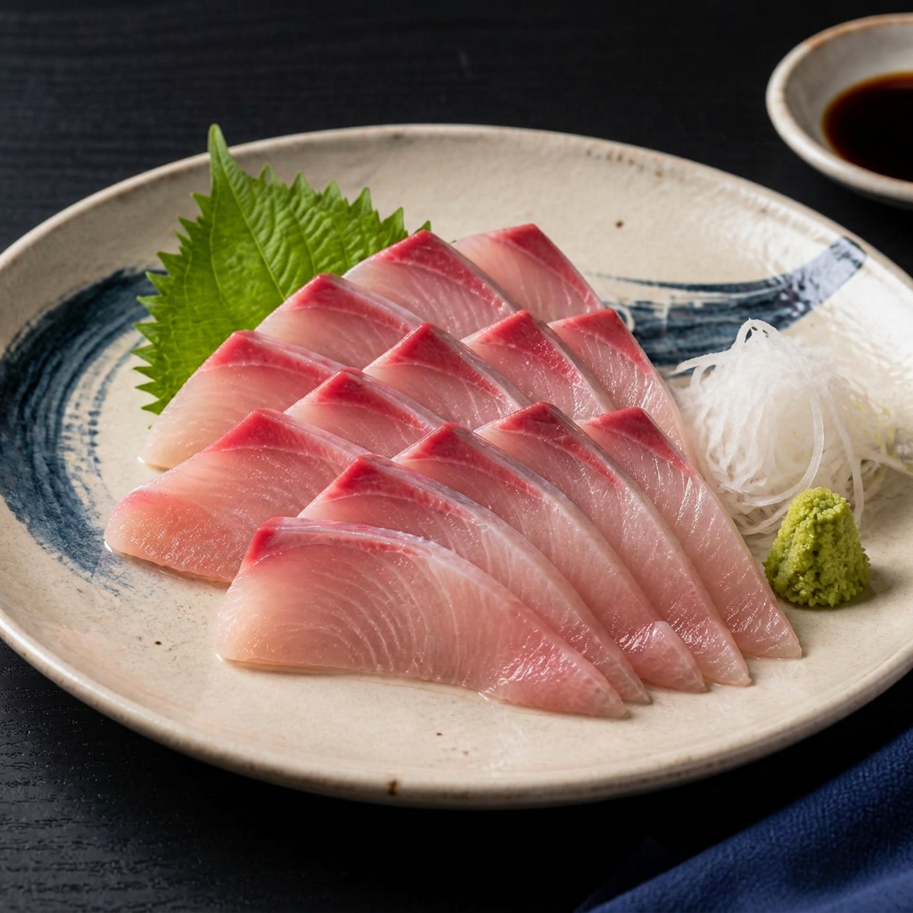 Skivad sashimi med riven daikon på ett ljust keramikfat